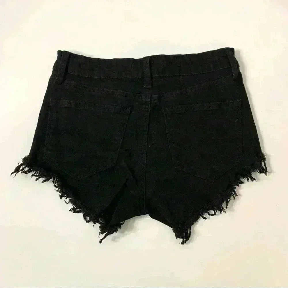 KanCan Black Cut Off Fringe Jean Denim Shorts Size 26 - Picture 3 of 9